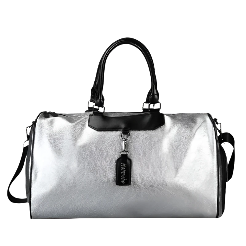 Premium Silver PU Leather Gym Bag with Tag - 20-35L Waterproof