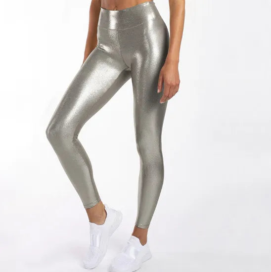 Metallic Foil Print Compression Tights - High-Waist Seamless Leggings for Bodybuilding & Training